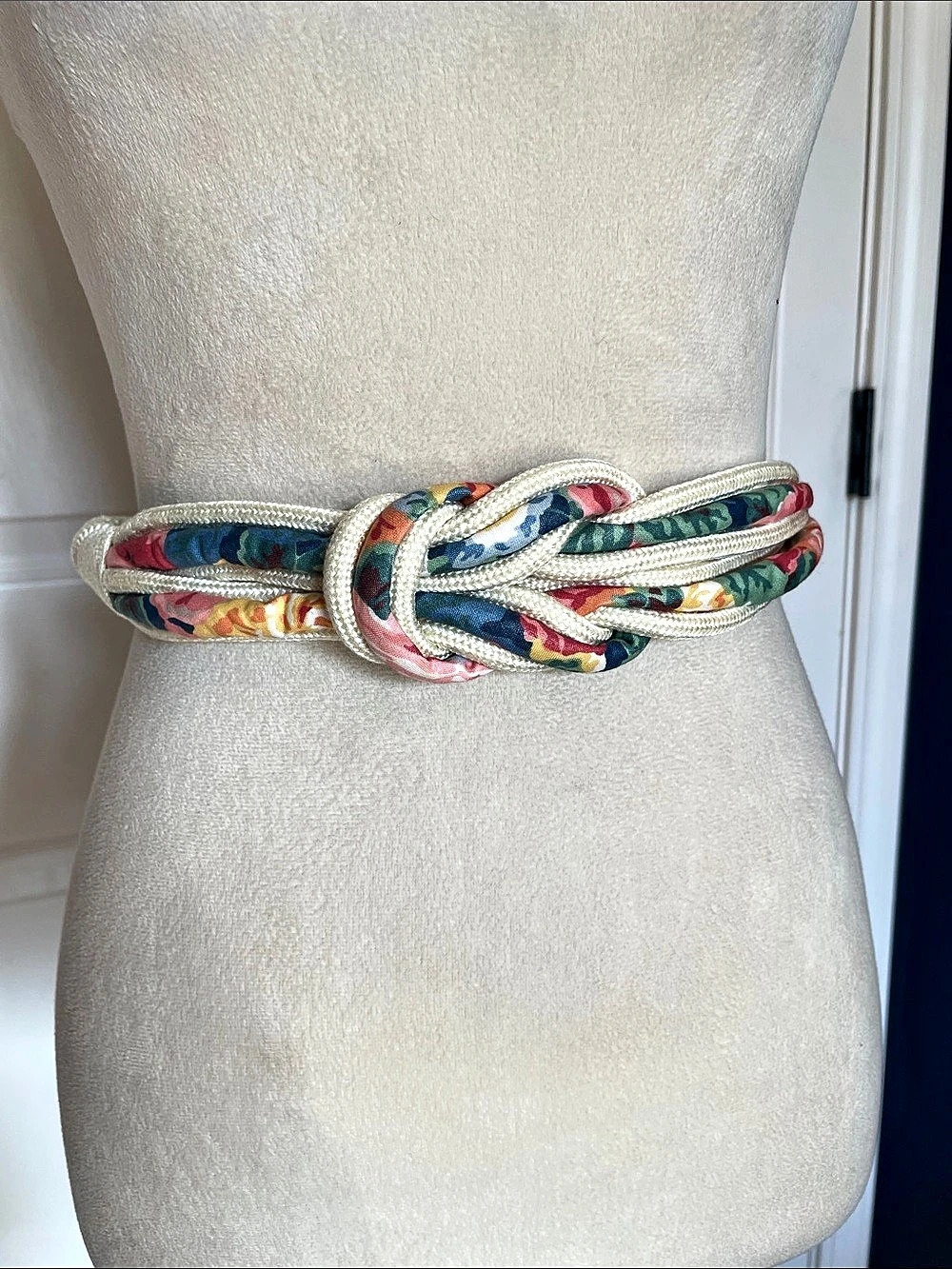 Vintage 1980s Braided Rope Reef Knot Waist Belt Floral Fabric Cinch Cottagecore
